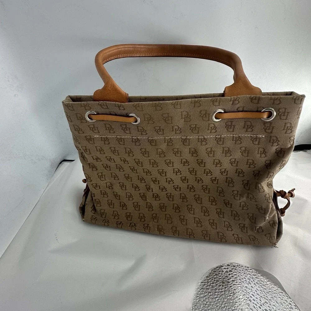 Dooney & Bourke Beige Brown Logo Print Satchel Top Handle Bag Tassel for Women